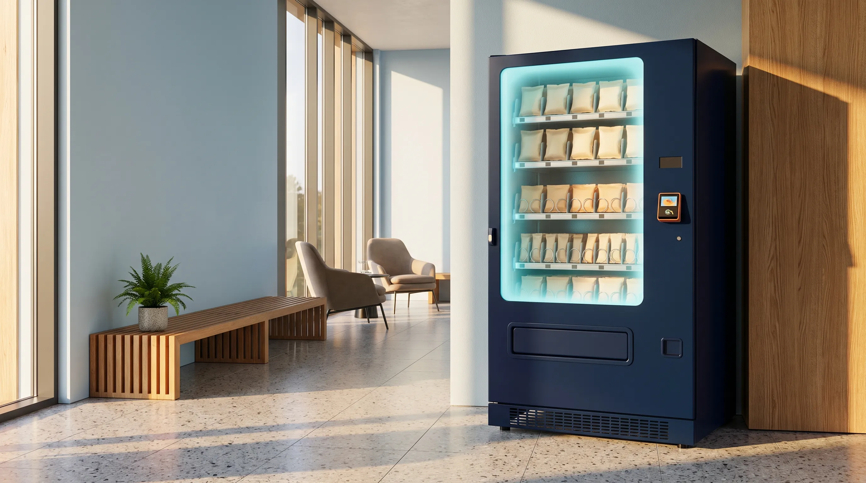 Concept illustration of a navy vending machine in a sunlit office break room